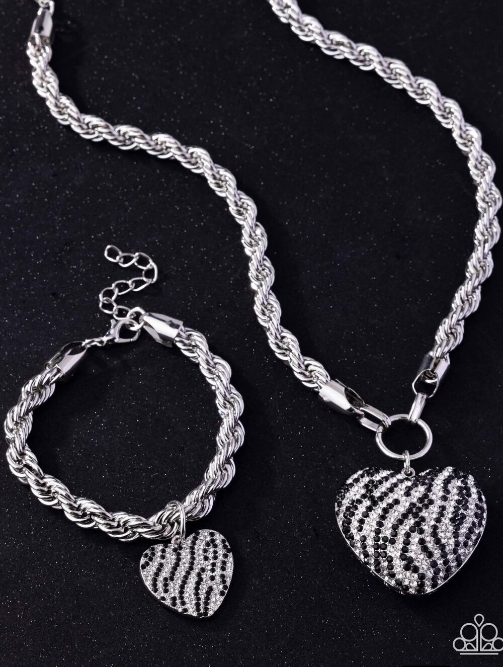 Silver-Tone Zebra Heart Pendant Necklace and Bracelet Set
